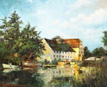 Betty Raphael (20th century), Hambleden Mill, A scene of boats on a river before mill buildings, oil