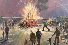 Tom Brown (1933-2017) British, a Salford artist, 'Bonfire Night', figures around a fire with