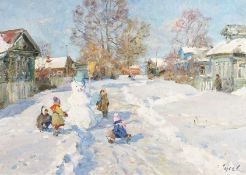 Vladimir Gusev (b.1957) Russian, 'The Snowman', signed oil on canvas, 19.5