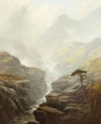 George Blackie Sticks (1843-1900) British, view of a mountain waterfall with sunlit peaks beyond,