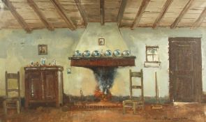 Henri Joseph Pauwels (20th Century) Belgian. An Interior Scene with Log Fire, Oil on Canvas, Signed,