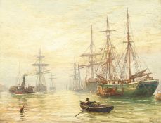 H. Henry (19th century) British. Shipping at dusk, oil on canvas, signed, oil on board, 9.5
