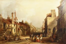 19th Century English School. A Busy Street Scene with Figures Conversing, Oil on Canvas,