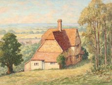 Henry Samuel Merritt (1884-1963) British, a country homestead in an extensive landscape, oil on