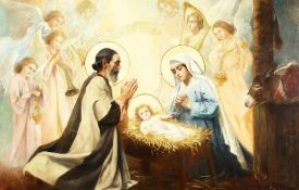 Italian school (19th/20th century), a scene of the Nativity, in a barnyard setting with angels,