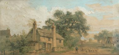 19th/20th century British school, a shepherd and his flock on a path beside cottages, watercolour