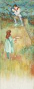Early 20th century, young boy in a tree with a girl collecting apples, watercolour 16