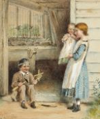 George Goodwin Kilburn (1939-1924) British, a scene of three young children outside of a workshop,