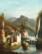 19th century continental school, a river landscape with buildings and waterfall, oil on canvas,