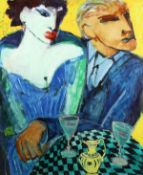 Karen Kjar Larsen (b.1954), 'Blatime', a scene of figures in a bar, oil on canvas, signed and