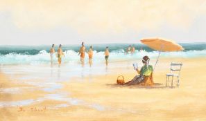 David Short, born 1940, British, a set of four oil on card paintings of figures on a beach,