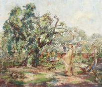 Circle of Margaret Fisher Prout. A Lady in a Garden with Dog, Oil on Canvas. 21