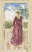 Attributed to Jacqueline Rizvi, British, 'The Purple Dress', a study, watercolour, signed with