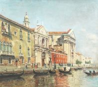 20th Century European school, A near pair of Venetian views with gondolas in the foreground, oil