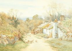 Charles James Adams (1959-1931) British, figures by a cottage, with sheep in the foreground,