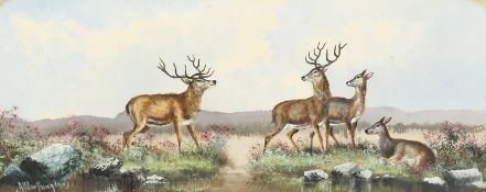 Alfred Worthington (1834-1927) British, a pair of oil on board scenes of deer in a landscape, signed