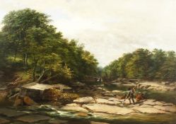 F.J. Bird (19th century) British. A rocky river landscape, with figures fishing in the foreground,