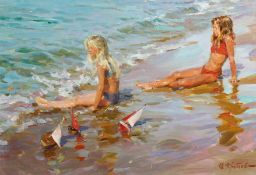 Yuri Krotov (b.1964) Russian, 'Young Sunbathers', signed oil on canvas, 15