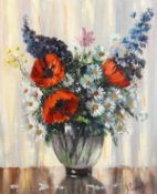 J. Somers (20th century), a still life of mixed flowers in a glass vase, oil on card, signed, 24