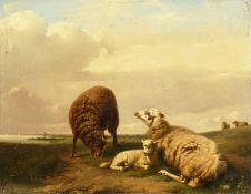 Adolphe Robert Jones (1806-1874) Belgium. Sheep in a landscape, oil on mahogany panel, signed A.R.