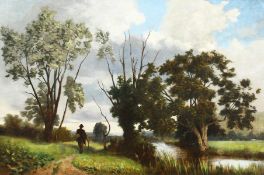Early 20th century English school, figure walking beside stream, oil on canvas, 20