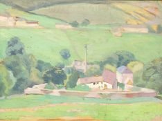 Hubert Wellington (1879-1967) British. 'Farm Buildings with Fields Beyond', Oil on Panel, Signed