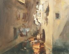 Peter Burman (b.1950). A Gondolier on a Venetian Backwater, Oil on Board, Signed and inscribed