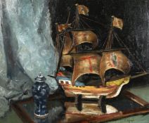 Percy Randell (1872 to 1955) British, a study of a model ship and ornamental blue and white vase,