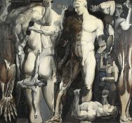 Lamorette (mid-20th century) a study of male nude athletic figures, oil on board, signed and dated