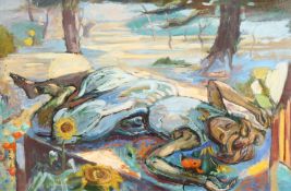 Phylis Bray (1911-1991) British, a female figure sunbathing amongst flowers in a landscape, oil on