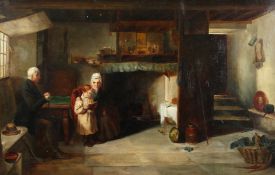 Circle of Frederick Daniel Hardy (1826-1911) British. A kitchen interior, with a young boy reading a