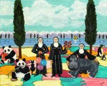 20th Century School. A Surreal Composition featuring Nuns and Wildlife on the Shore of a Lake, Oil