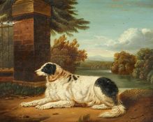 19th Century English School. Portrait of a Dog in a Parkland Landscape with a Lake beyond, Oil on