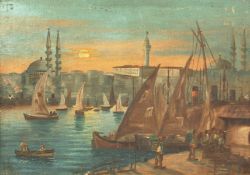 Early 20th Century Turkish School. A View of the Golden Horn at Sunset, Oil on Canvasboard,