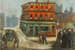 Derek Higginson (1930-2020) British, a Stoke-on-Trent artist, figures gathering outside a