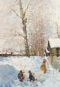 Gennady Yelizarov (b.1950) Russian, 'Children In The Snow', signed oil on canvas, 25.5