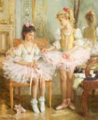 Konstantin Razumov (b.1974) Russian, 'Two Young Ballerinas', signed oil on canvas 25.5