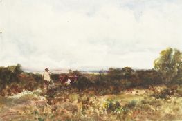 19th century English school, 'A Sussex Common' a scene of a figure and a cow in a landscape with