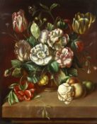 20th century, A still life of mixed flowers in a glass vase with a butterfly and insects, oil on