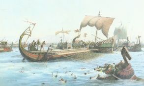 19th Century. A Naval Battle featuring Classical Boats with Hills beyond, Pastel. Signed 'Groves.'