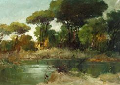 20th century Italian school, a scene of Stone Pines and a lagoon in southern Italy, indistinctly