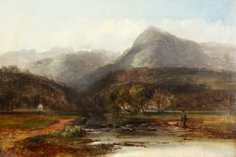 Thomas Creswick (1811-1869) British. A mountainous river landscape, with a man and a dog in the