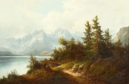 19th century continental school, A scene of a path by a lake with an Alpine view beyond, oil on