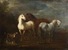 Follower of Jan Wyck (18th century) three horses and a dog in a landscape, 19.5