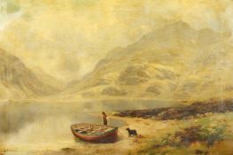 James Henry Crossland (1852-1939) British, A loch scene, with a man and his dog beside a rowing