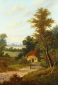 L.M. Hall (19th century), a figure on a country path with farm buildings beyond, oil on canvas,