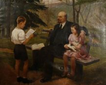 20th Century Russian School. A Portrait of Lenin Seated on a Bench with two Young Children, Oil on
