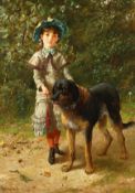 Edgar Bundy (1862-1922) British, scene of a young girl in a bonnet with her pet dog, oil on