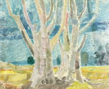 20th century, trees in a landscape with water beyond, oil on board, 19