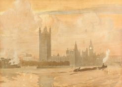 Manner of Emile Verpilleux, Coal Barges on the Thames, with the Houses of Parliament in the